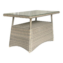 Outdoor wicker rectangle coffee table with a shelf underneath, featuring a rust-free powder-coated aluminium frame and UV-resistant plastic wicker.