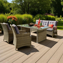 ALPHINGTON 5-seater outdoor dining set with chairs, table, and 3-seaqter sofa on a wooden deck - DECOR STAR