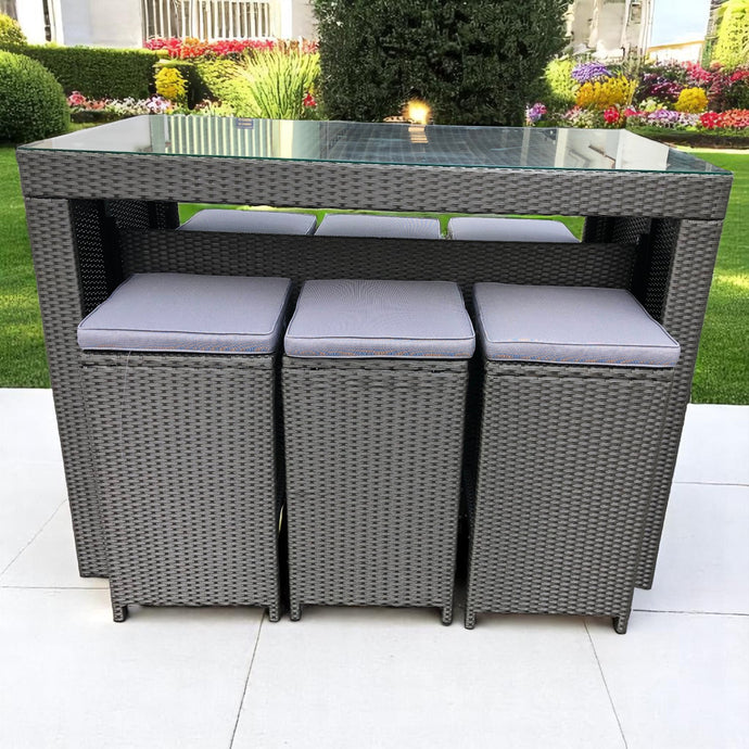 Outdoor furniture set with a high bar table and wicker chairs with gray cushions - DECOR STAR