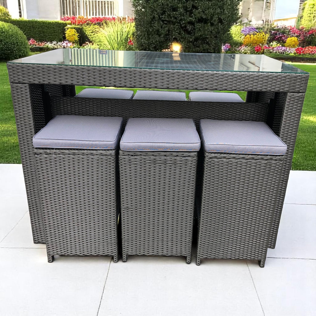 Outdoor furniture set with a high bar table and wicker chairs with gray cushions - DECOR STAR
