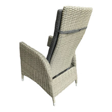 Back view of wicker recline high-back chair with gray cushion - DECOR STAR
