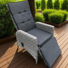 ASHWOOD grey wicker recliner cushioned chair on a wooden deck - DECOR STAR