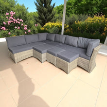 BRIGHTON 9-seater outdoor patio sectional with grey cushions on a tiled patio area - DECOR STAR