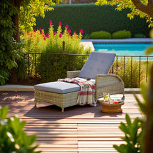 BULLEEN outdoor wicker sun-lounge with blue cushion on a wooden deck by a pool - DECOR STAR