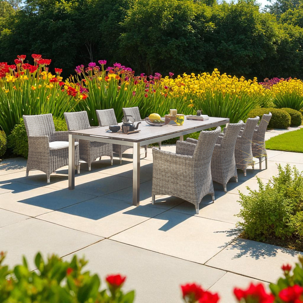 BUNDOORA 8-seatert outdoor dining set with metal frame table and wicker chairs - DECOR STAR