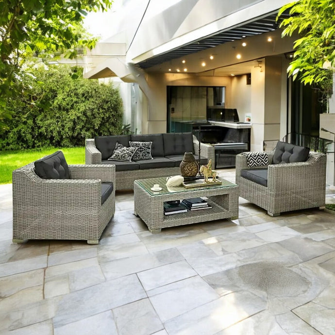 Beaumaris 5-Seater Outdoor Wicker Coffee Lounge Set – Tempered Glass, Aluminium Frame