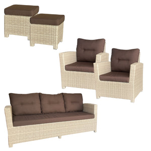Outdoor furniture set with natural wicker chairs and ottomans, and brown cushions