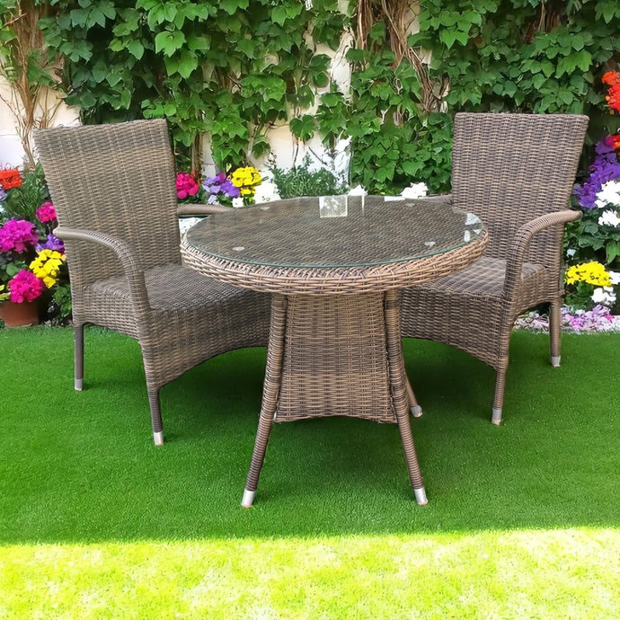 DONVALE - 3 Piece Outdoor Wicker Round Coffee Table and Stacking Chair Set