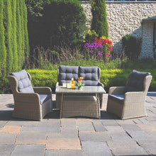 TOORAK 4-seater outdoor grey wicker patio set with coffee table on a paved patio - DECOR STAR