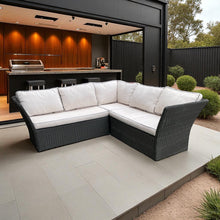 Hampton Outdoor Corner Lounge Set – Coffee Brown Wicker & Ochre Cream Cushions