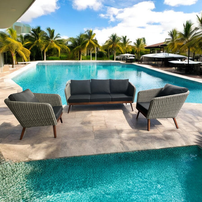 MORNINGTON - 5 Seater Outdoor Timber Legs Wicker 3 Seater Lounge & Armchairs