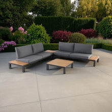 SEAHOLME outdoor patio furniture set with grey cushions on a concrete patio - DECOR STAR