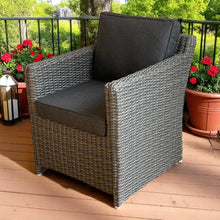 ELWOOD wicker garden chair with dark cushions on a wooden deck - DECOR STAR