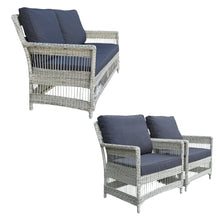 Wicker outdoor 2 seater lounge and  armchairs with navy cushions
