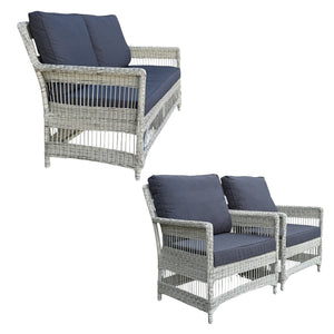Wicker outdoor 2 seater lounge and  armchairs with navy cushions