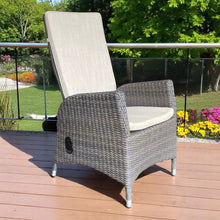 HAWTHORN dark brown wicker gas-spring recliner chair with beige cushion on a wooden deck - DECOR STAR