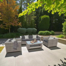 KOOYONG 5-seater outdoor patio set with gray cushions on a concrete patio - DECOR STAR