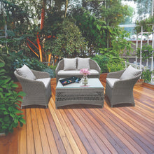 PRESTON 4-seater outdoor patio set with coffee table on a wooden deck - DECOR STAR