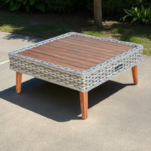 RIVIERA Outdoor coffee table with wooden top and wicker frame on a concrete surface - DECOR STAR