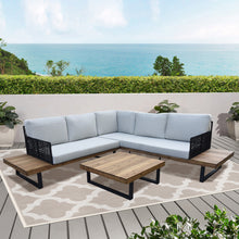 SANDRIDGE outdoor patio furniture set with white cushions on a deck - DECOR STAR