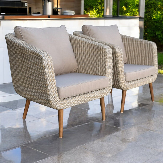 VERMONT - Set of 2 Outdoor PE Wicker Timber Armchairs with Cushions