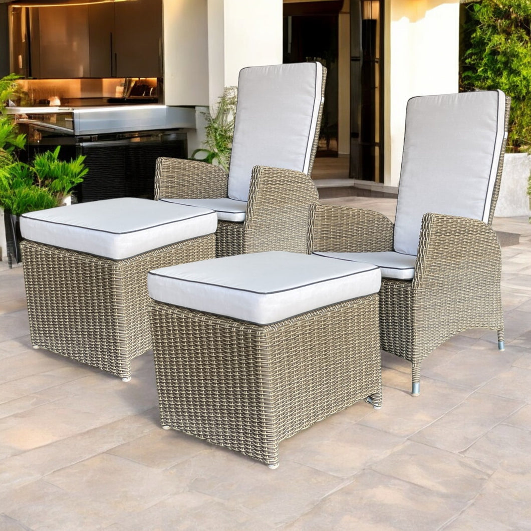 Kew Outdoor Wicker Recliner Chair & Footstool Set of 2 – Beige Sand Finish