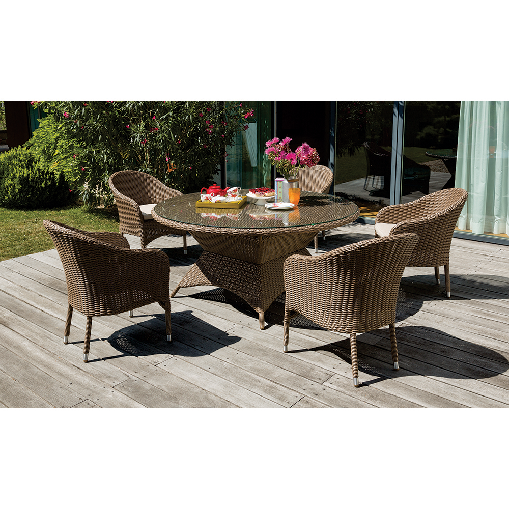 Faulds 7 piece outdoor dining set with wood table and wicker deals chairs