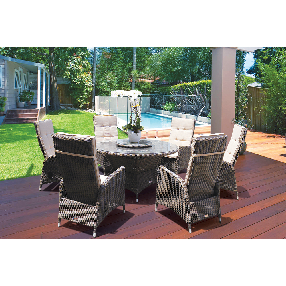 PRE-ORDER McKINNON - 7 Piece Outdoor Wicker Recliner Dining Set with Lazy Susan - Furniture Star Direct