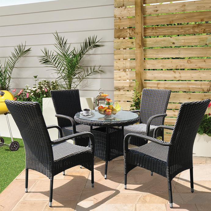 PRE-ORDER NIDDRIE - 5 Piece Outdoor Round Coffee Table and Stacking Armchair Set - Furniture Star Direct