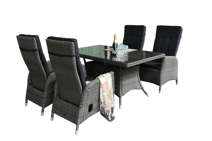 NEW ARRIVAL: ANGELSEA - 5 Piece Outdoor Wicker Recliner Chair Rectangle Dining Set - Furniture Star Direct